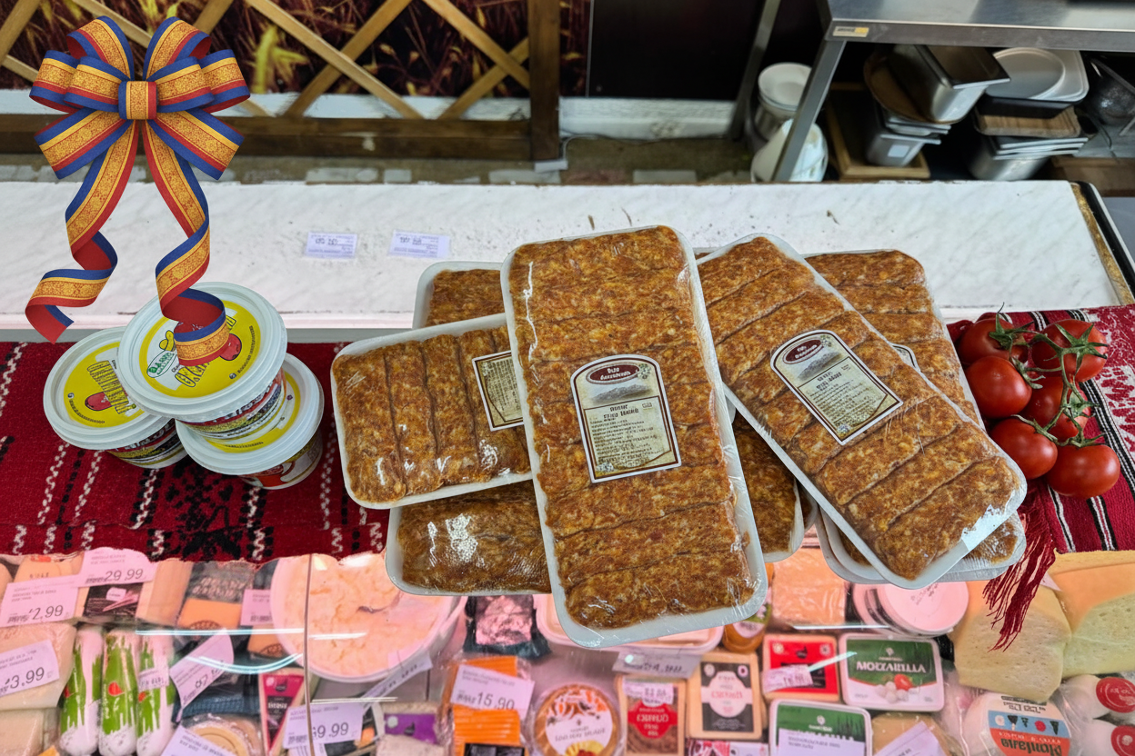 Mici tradiționali românești de casă, expuși pe tarabă la piață, alături de brânzeturi și legume proaspete – Bacania Medieval Tradițională
