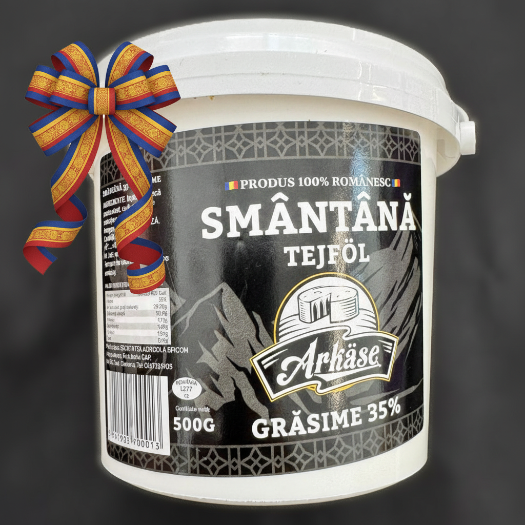 Smântână Arkase 35% grăsime – produs artizanal 100% românesc din Arcuș, Covasna, cu panglică tricoloră