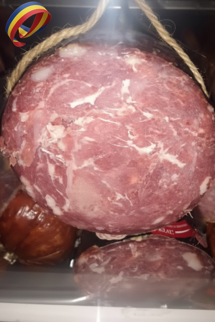 Salam Pancetta Ferma din piept de porc românesc, maturat natural și afumat, produs de Ferma Zootehnică Baia Mare