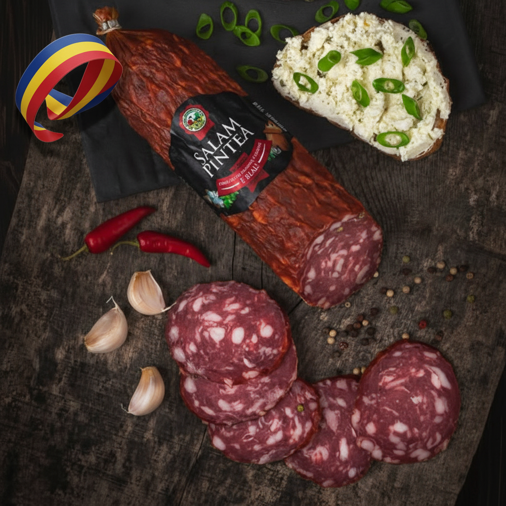 Salam Pintea Ferma crud-uscat 95% carne de porc românească, produs artizanal de Ferma Zootehnică Baia Mare