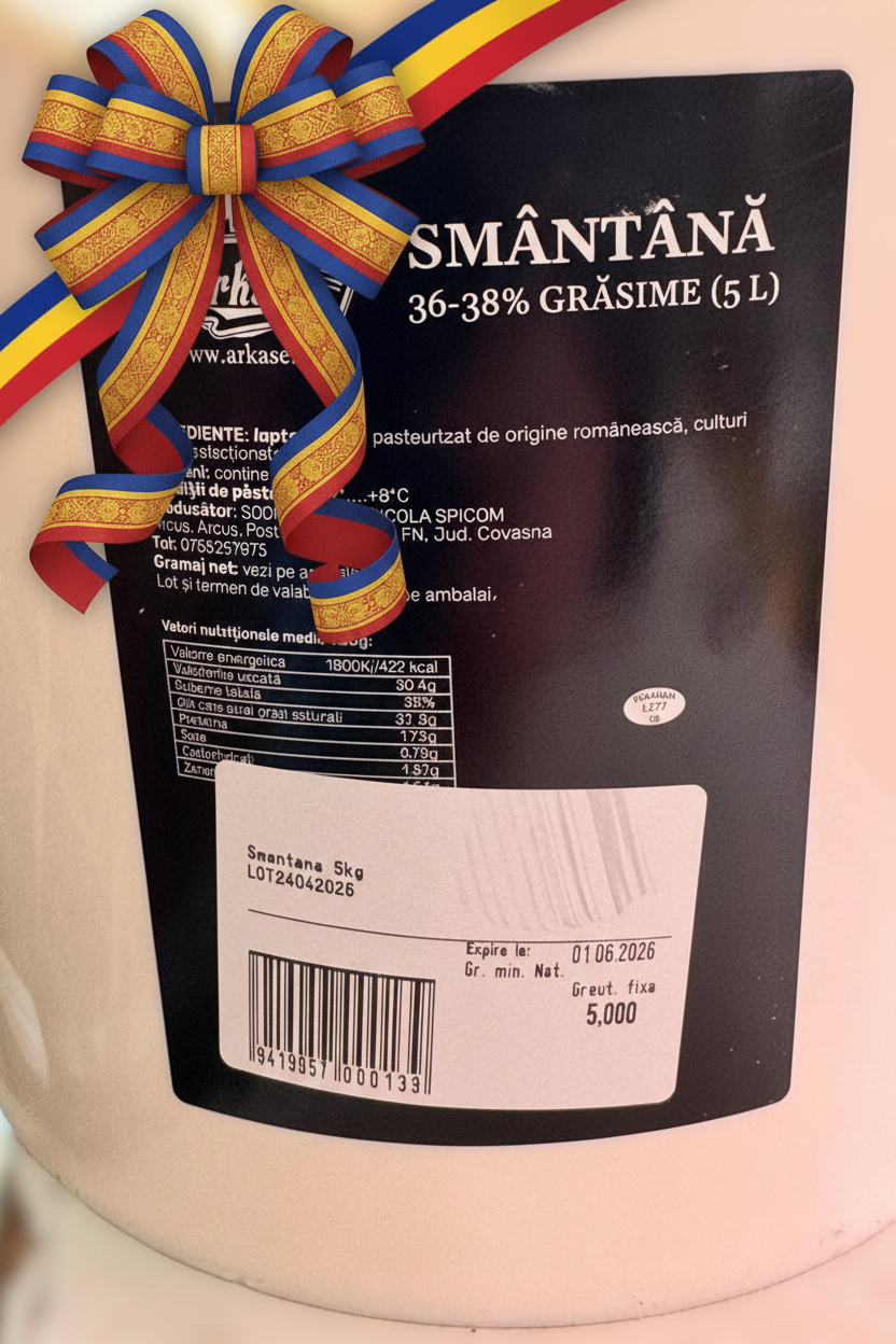 Smântână Arkase 36-38% grăsime, 5L – produs artizanal 100% românesc din Arcuș, Covasna, cu panglică tricoloră