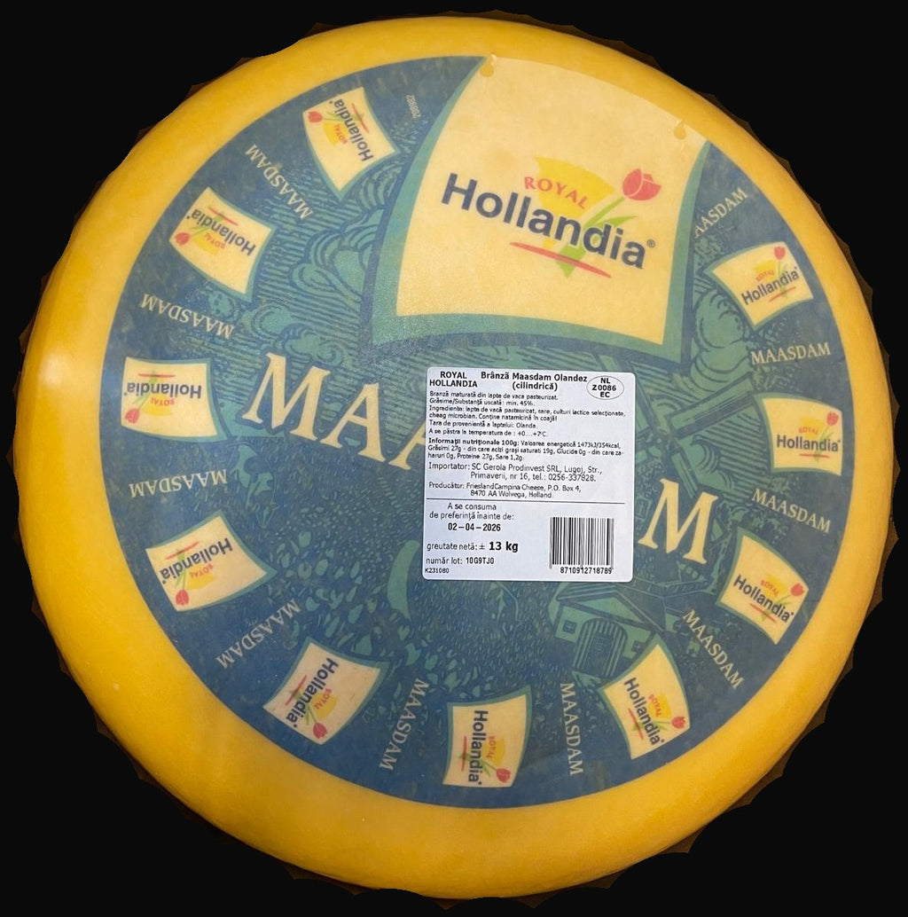 Cașcaval Maasdam olandez 45% grăsime, brânză premium cu găuri mari și aromă dulceagă
