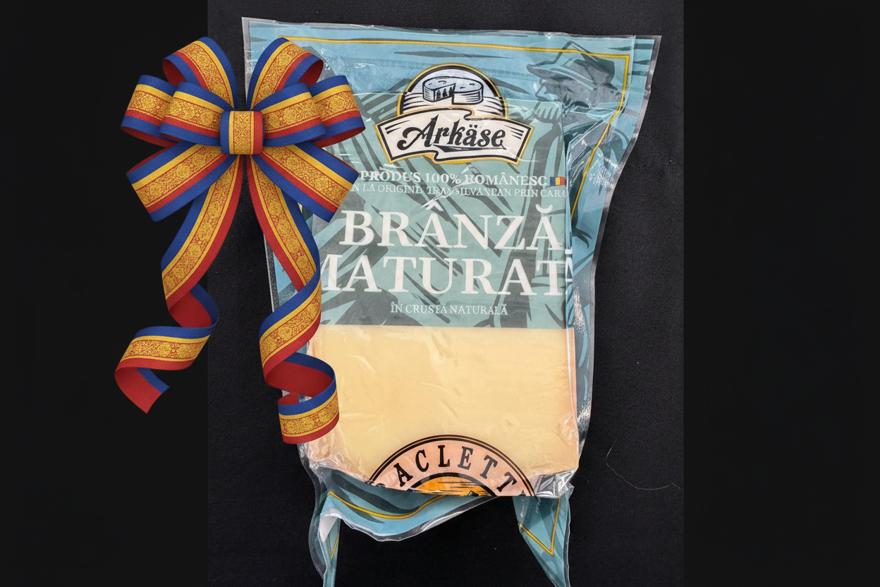 Brânză Maturată Raclette Arkase – produs artizanal 100% românesc din Arcuș, Covasna, cu panglică tricoloră
