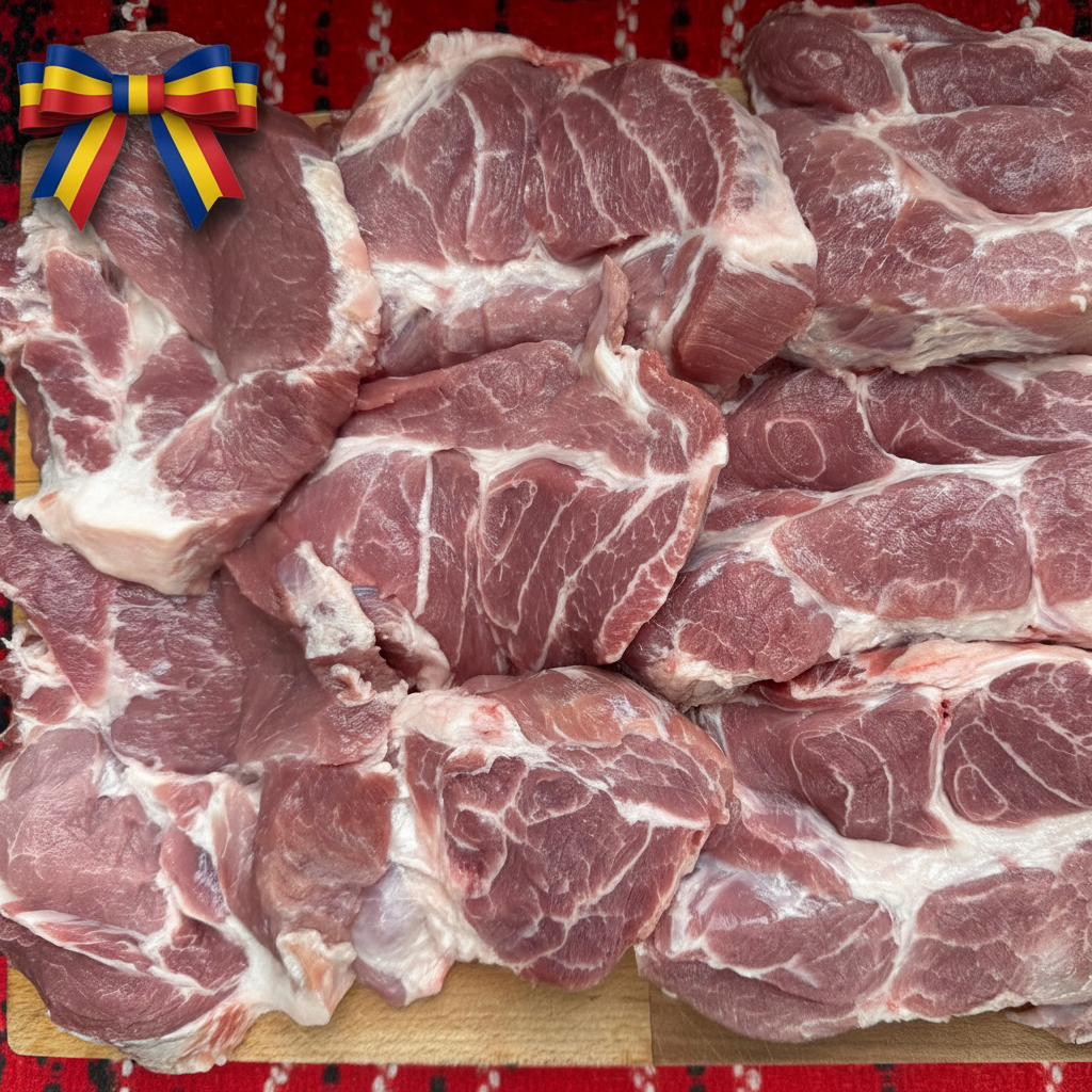 Ceafă de porc dezosată feliată, carne fragedă marmorată natural, fermă locală