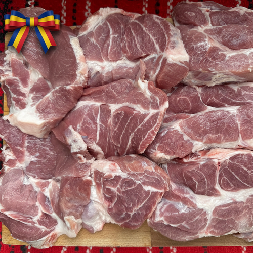 Ceafă de porc dezosată feliată, carne fragedă marmorată natural, fermă locală