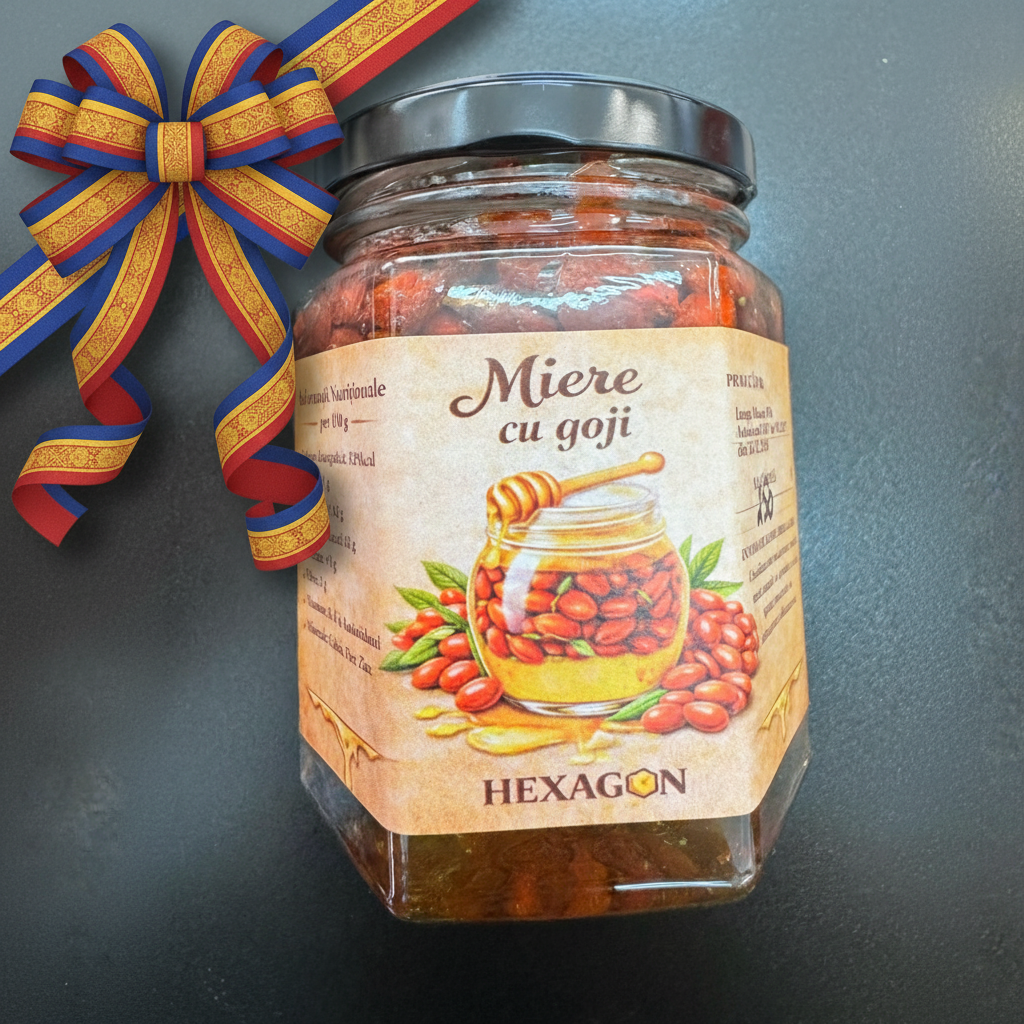 Miere de salcâm cu goji 250g borcan hexagonal, apicultor Lungu Manea, Pârscov Buzău, bogată în antioxidanți
