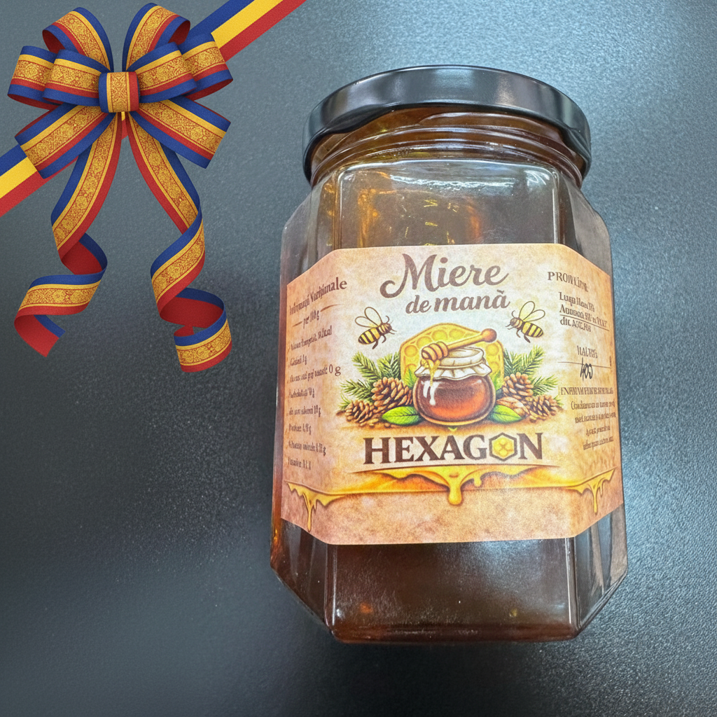 Miere de mană 400g borcan hexagonal, apicultor Lungu Manea, Pârscov Buzău, bogată în minerale
