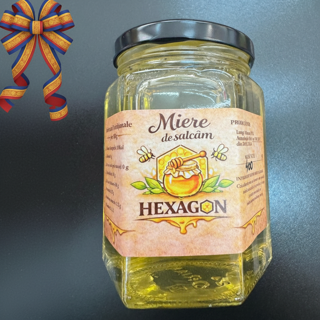 Miere de salcâm 400g borcan hexagonal, apicultor Lungu Manea, Pârscov Buzău, culoare transparentă gust floral