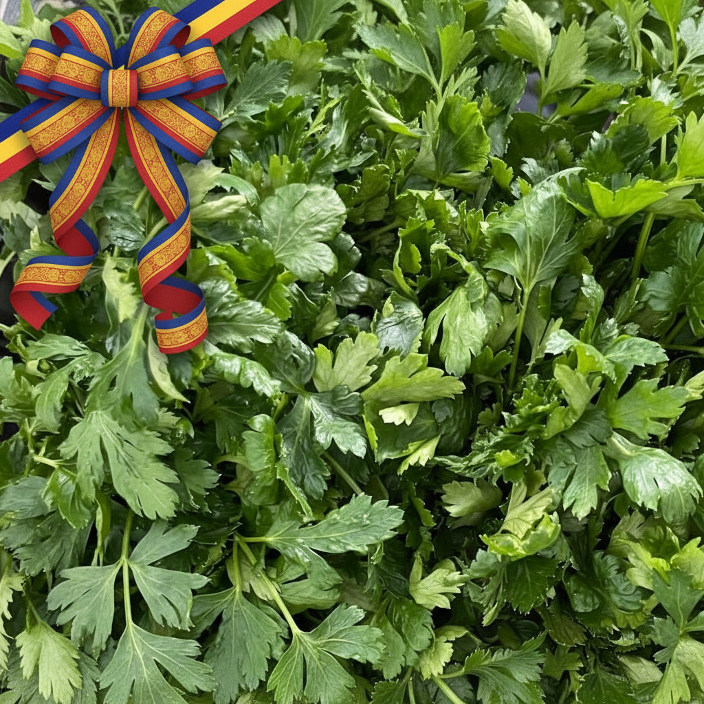 Pătrunjel verde românesc Calitatea I, recoltat proaspăt de la producători locali. Bogat în vitamina C și antioxidanți. Legătură proaspătă, frunze verzi intense."
Alt text: „Pătrunjel verde românesc Calitatea I, proaspăt și aromat, recoltat de la producători locali